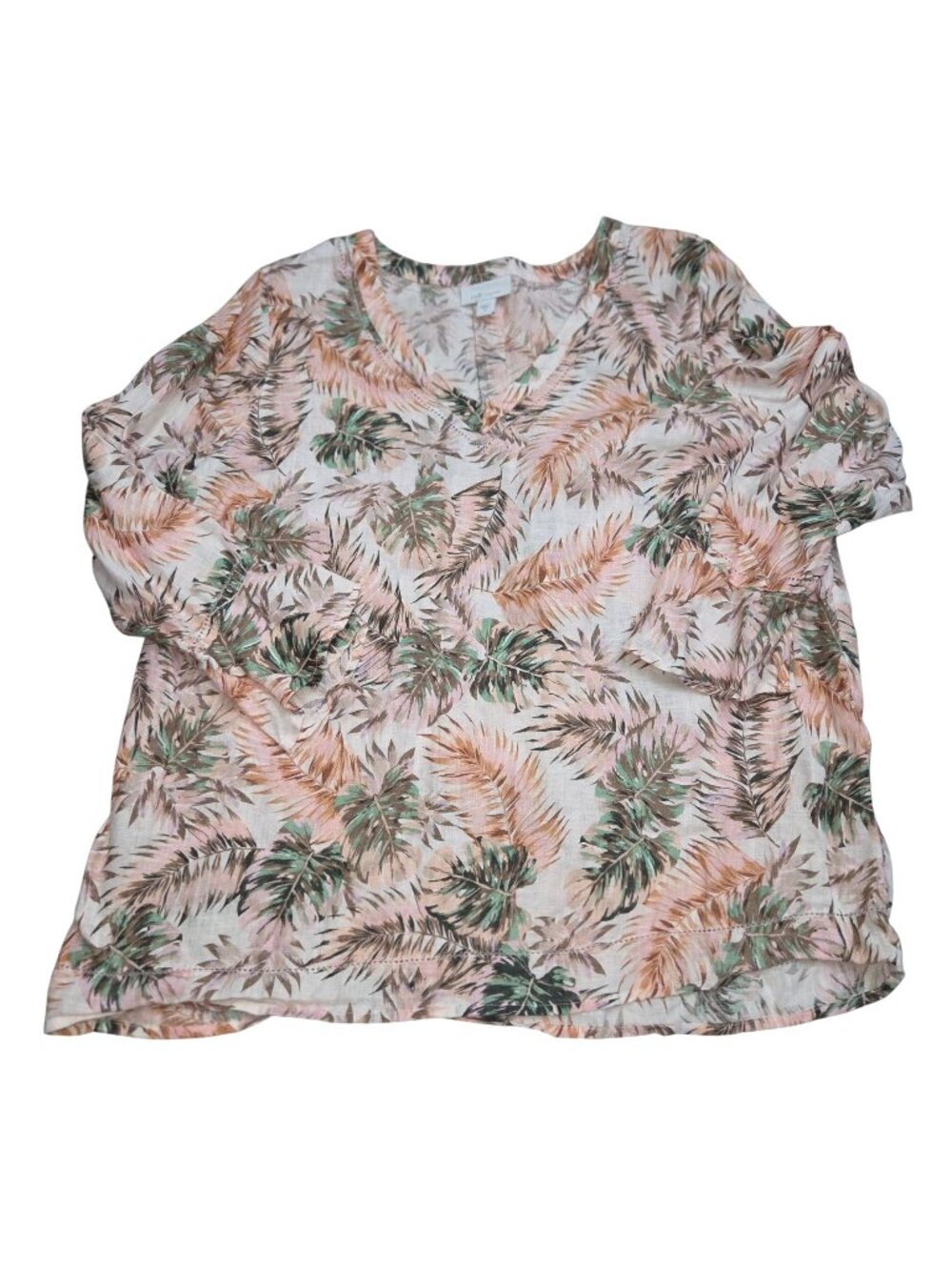 J. Jill Love Linen S Pink Tropical Floral Bell 3/4 Sleeve Blouse Peasant Top 450